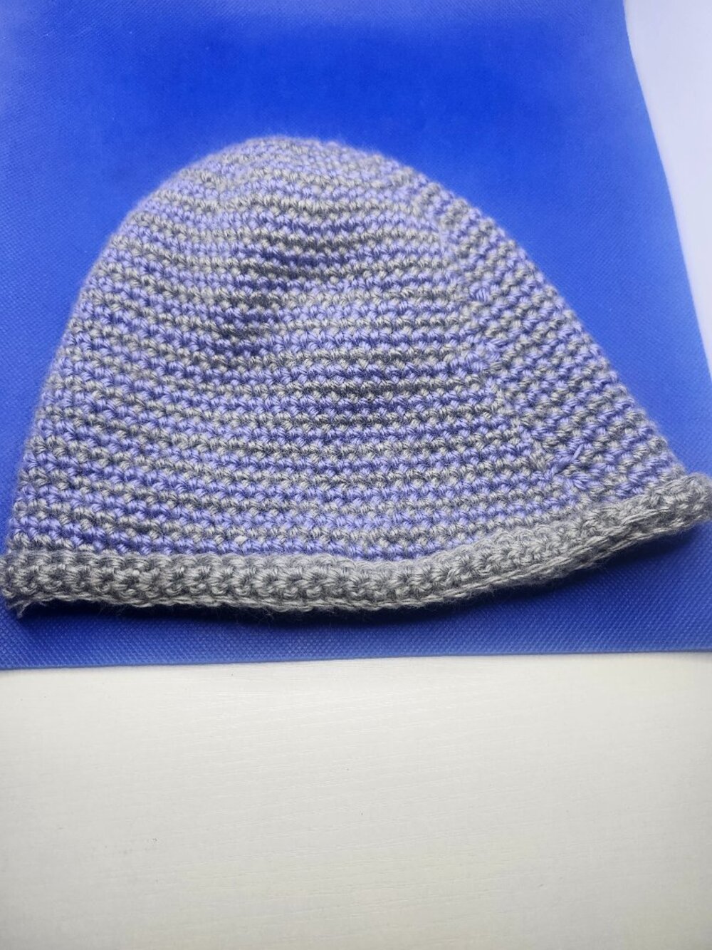 Gray with Purple - Hand Knit - One Size Skull Fit Beanie Style Cap Hat!